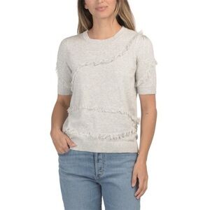 Edinburgh Knitwear - Pima Cotton Fringe Short Sleeve Sweater - Cloud Grey